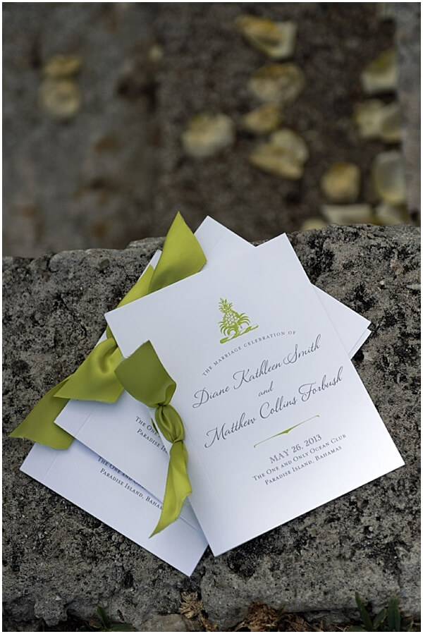Chartreuse ceremony program with pineapple