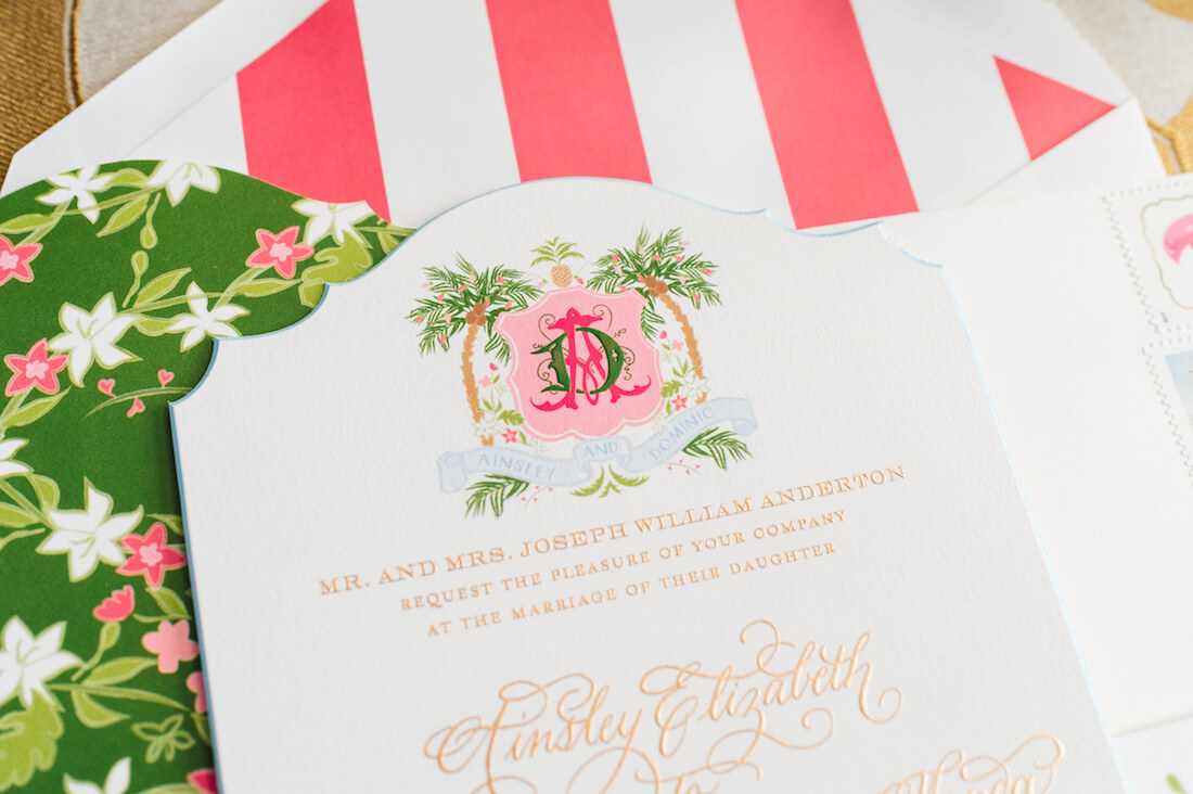 Pink and Green Wedding invitations with Engraved Wedding Logo