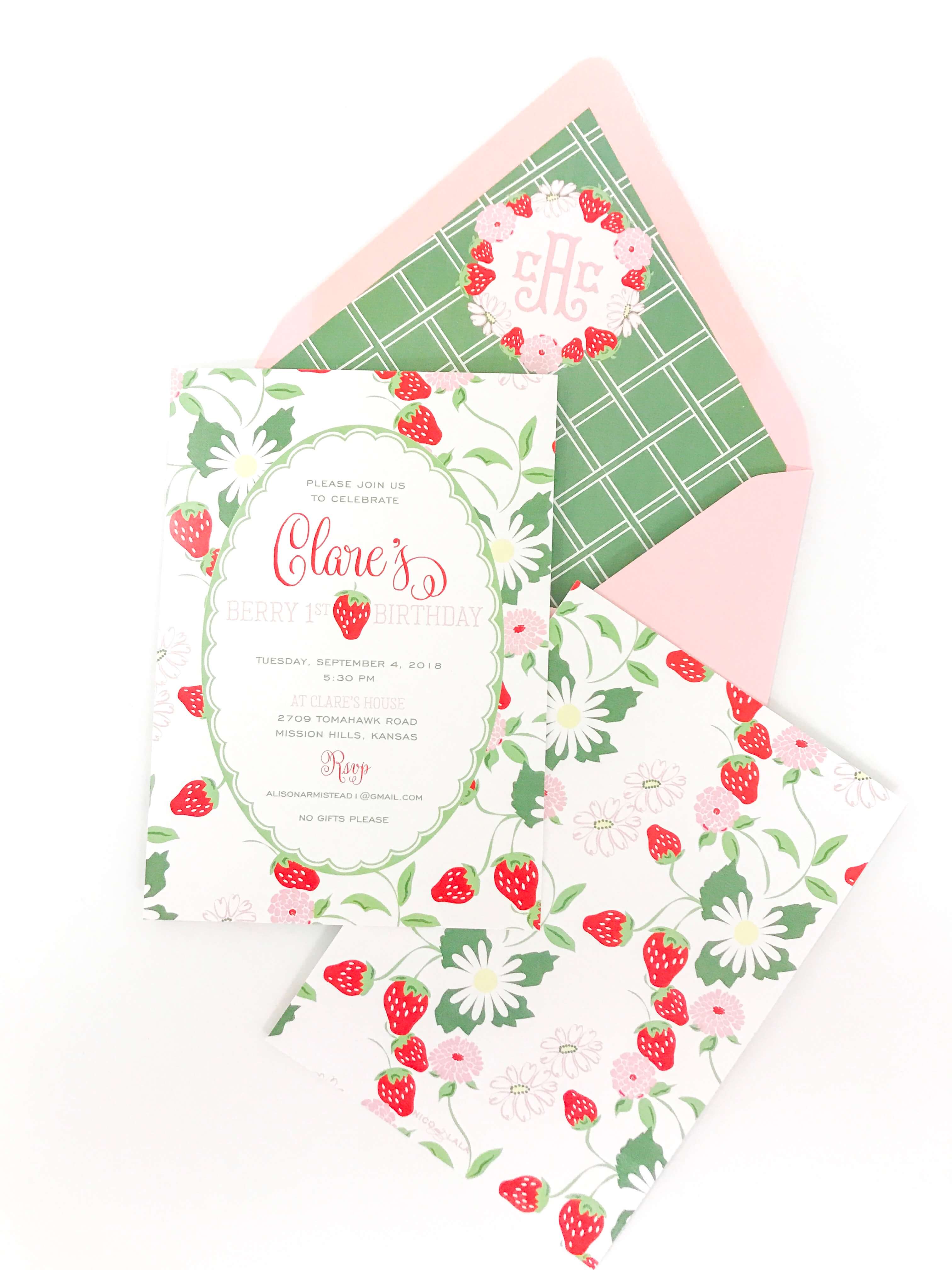 strawberry first birthday invitations